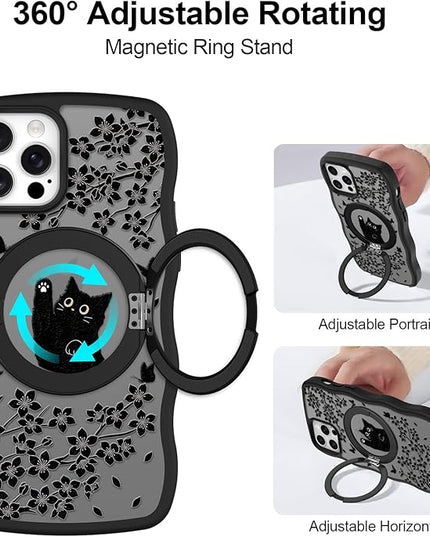 Wavy Case for iPhone 12 Pro Case with Stand [Compatible with MagSafe] Cute Black Cat & Floral & Butterflies Pattern Design, Kawaii 360 Magnetic Ring Kickstand Phone Cover for Women Girls