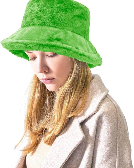 Women Plush Fluffy Bucket Hat Warm Lining Winter Faux Fur Cozy Wide Brim Winter