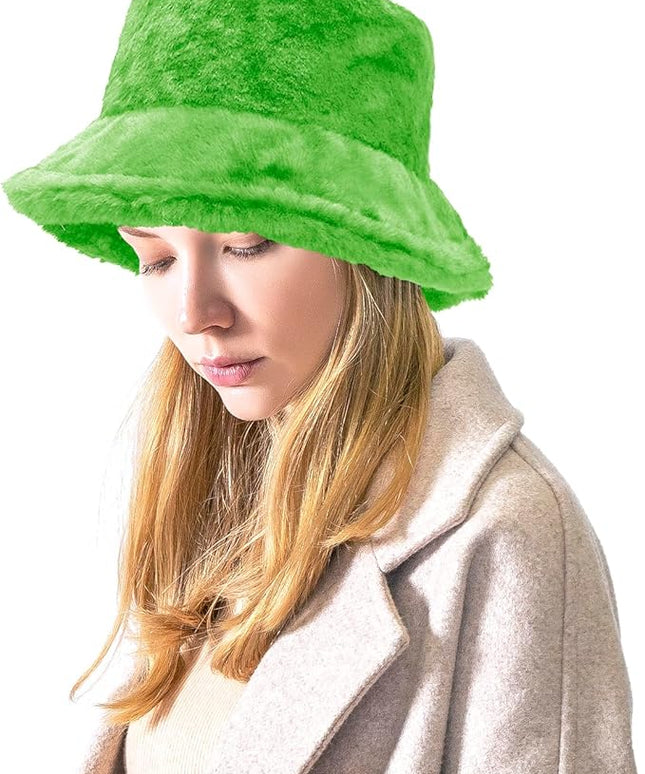 Women Plush Fluffy Bucket Hat Warm Lining Winter Faux Fur Cozy Wide Brim Winter