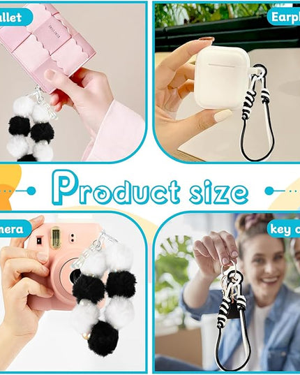 2 Pcs Phone Charm Wrist Strap with Tether Tab, Double Anti Lost Fluff Ball Beaded Wrist Lanyard, Detachable Leather Phone Charms for Bag, Key Chains, Camera Decor