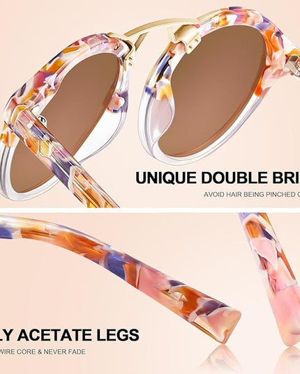 CARFIA Small Face Acetate Polarized Sunglasses for Women UV Protection, Retro Double Bridge Eyewears Metal Brow Round Sunnies