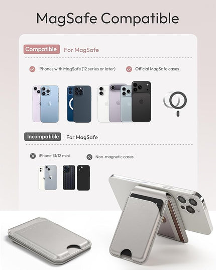 Magnetic Wallet for iPhone, Compatible with MagSafe Adjustable Stand Wallet, RIFD Blocking Leather Magnetic Card Holder for iPhone 17/16/15/14/13/12 Series, Not for iPhone 13/12 Mini(Silver)