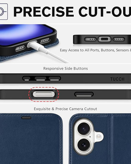 TUCCH Wallet Case for iPhone 16, [TPU Shockproof Inner Shell], Kickstand PU Leather [RFID Blocking] 4 Card Holder Magnetic Stand Protective Cover Compatible with iPhone 16 5G, Dark Blue