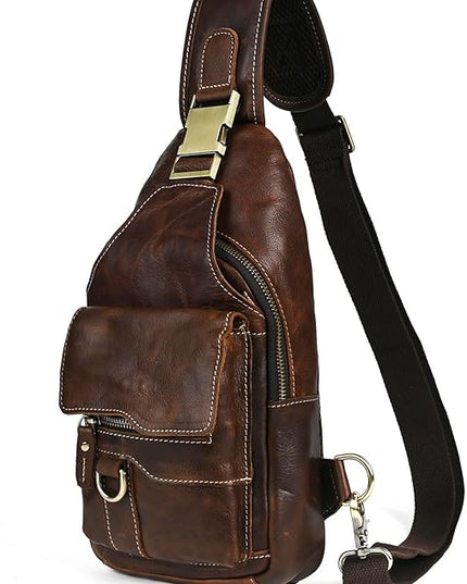 Genuine Leather Hiking Travel DayPack Sling Crossbody Triangle Chest Pack Bag For Men Women 8241