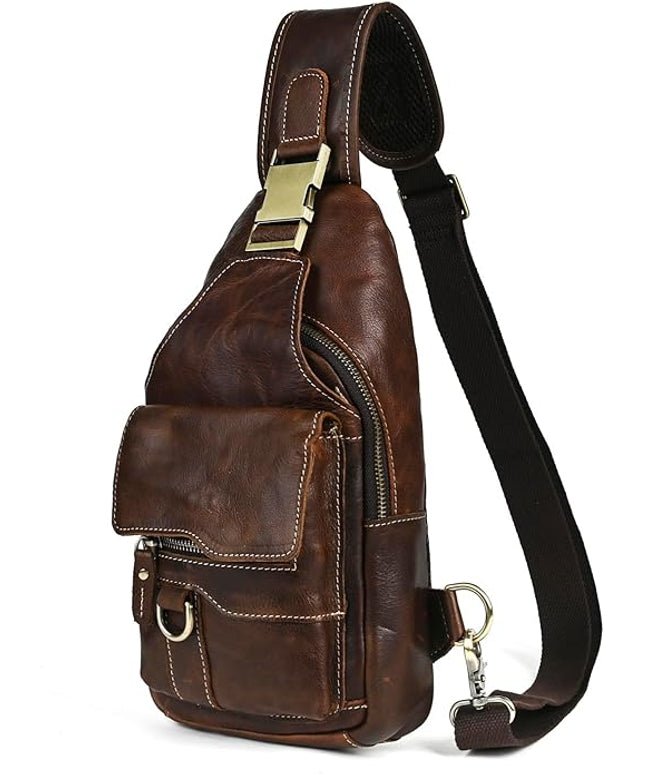 Genuine Leather Hiking Travel DayPack Sling Crossbody Triangle Chest Pack Bag For Men Women 8241