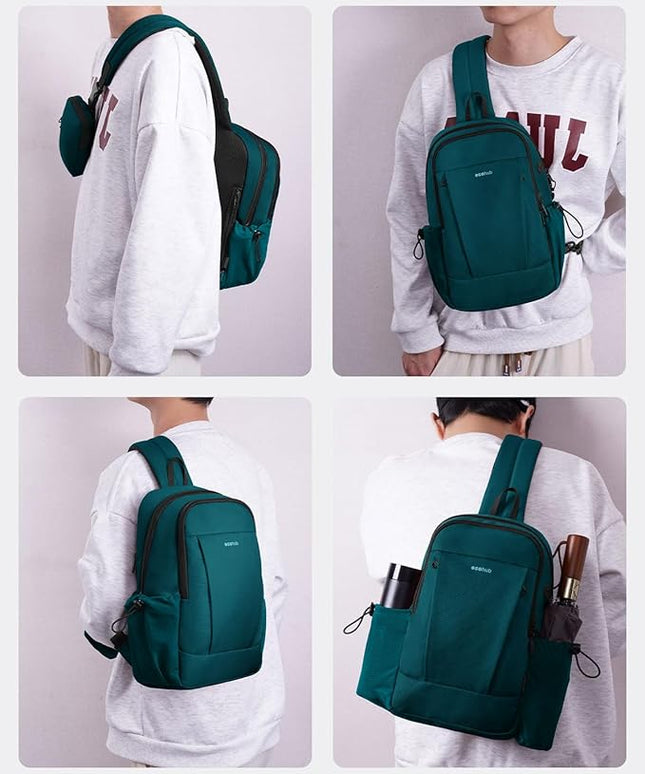 ECOHUB Anti-Theft Crossbody Bag Men Women, RFID Blocking Lightweight Sling Backpack Eco-Friendly with 9 Pockets Sturdy SBS Zippers Water Resistant for Travel Work Hiking Outdoor, Turquoise