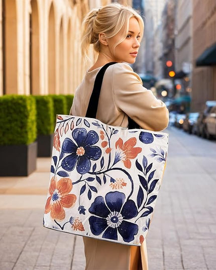 Large Tote Bag for Women, Floral Grocery Tote with Snap Thick Canvas Both Side Pattern, Gift Daily Use Shopping Travel Picnic