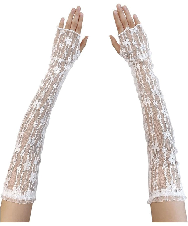 SHENHE Women's Sheer Lace Tulle Gloves Fingerless Elbow Length Arm Sleeves Mittens