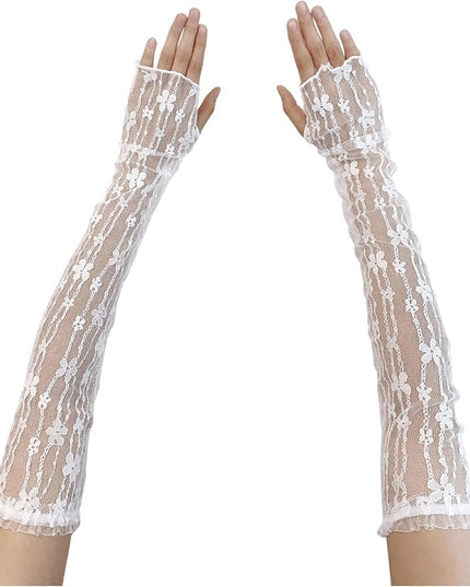 SHENHE Women's Sheer Lace Tulle Gloves Fingerless Elbow Length Arm Sleeves Mittens