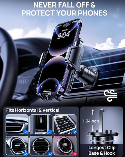 Car Phone Holder Mount for Air Vent, [Never Shake Hook Clip] 360° Adjustable Vent Clip, Compatible with Big Phones,Thick Cases, Phone Holders for Your Car–Fits iPhone, Samsung and Android