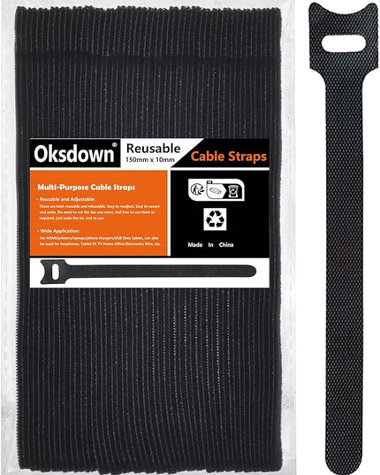 Cable Ties Reusable Black 50 Pack Cord Straps Hook and Loop Wire Wraps Keepers Clips Organizer Management Kit for tv pc Computer Charging Data Cables