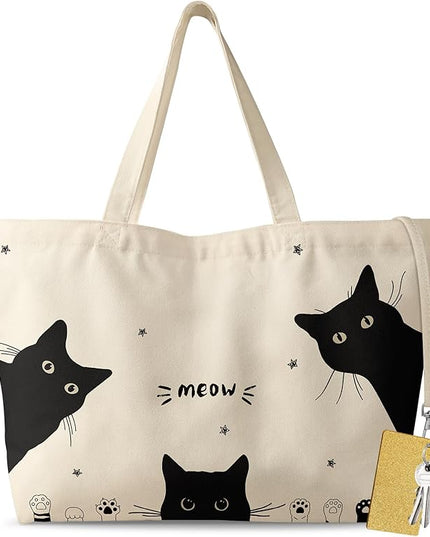 Large Tote Bag for Women - Aesthetic Cute Big Canvas Bags with Zipper Cotton Shoulder Bag for Gym, Travel, Work