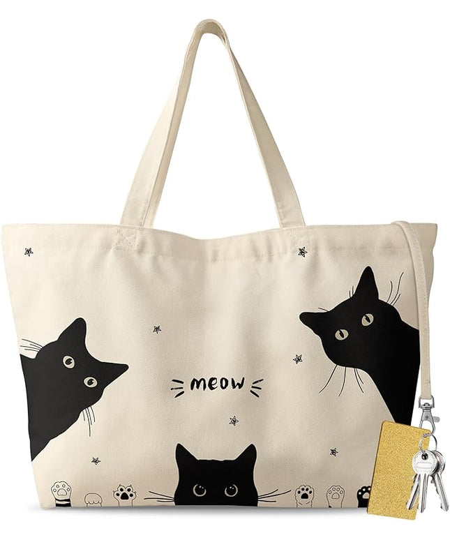 Large Tote Bag for Women - Aesthetic Cute Big Canvas Bags with Zipper Cotton Shoulder Bag for Gym, Travel, Work
