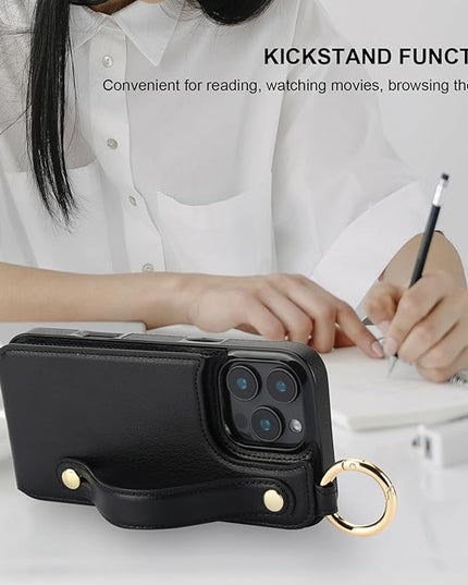 Folosu for iPhone 16 Pro Max Wallet Case with Card Holder, Hand Wrist Strap Loop Holder Kickstand, RFID Blocking Finger Grip Ring PU Leather Double Buttons Shockproof Cover 6.9" Black