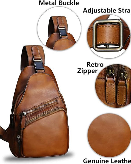 Genuine Leather Sling Bag Crossbody Purse Handmade Hiking Daypack Motorcycle Bag Retro Shoulder Backpack Vintage Chest Bag (Brown)