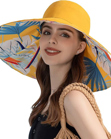 HUAMULAN Women Summer Sun Hat Wide Brim Wired Edge Floral Beach Bucket Hats Reversible Foldable Travel UV Protection Lady Hat