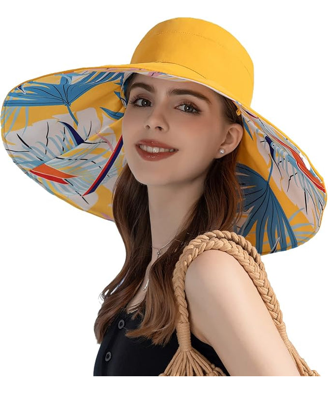 HUAMULAN Women Summer Sun Hat Wide Brim Wired Edge Floral Beach Bucket Hats Reversible Foldable Travel UV Protection Lady Hat