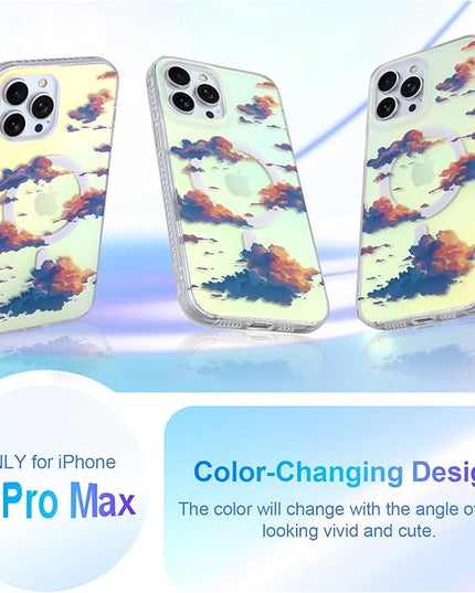 Cute Case for iPhone 13 Pro Max Case for Women Girls [ Compatible with Magsafe ] Aesthetic Cloud Pattern Design, Girly Glitter Sparkly Bling Protective Phone Cover, Iridescent Sun Set Sky