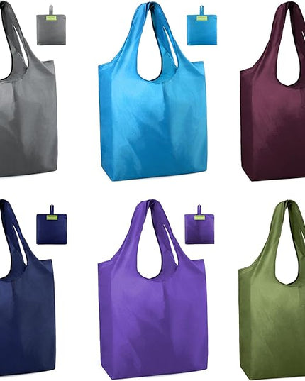 BeeGreen Colorful Reusable Grocery Bags 6 Pack, Heavy Duty Totes for Women, Foldable Grocery Bag Large Shopping Totes with Handles for Work, Travel, Gift, Store, Polyester Washable Reusable Tote Bag