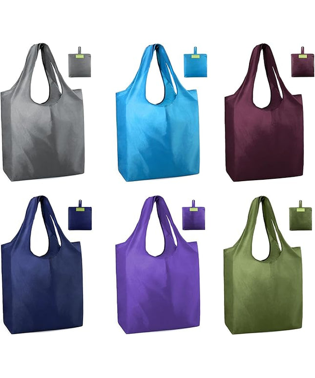 BeeGreen Colorful Reusable Grocery Bags 6 Pack, Heavy Duty Totes for Women, Foldable Grocery Bag Large Shopping Totes with Handles for Work, Travel, Gift, Store, Polyester Washable Reusable Tote Bag