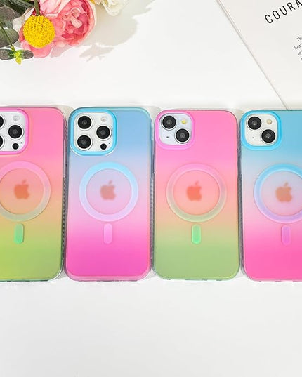 Aesthetic Case for iPhone 14 Plus & iPhone 15 Plus Case for Women Girls, Compatible with Magsafe, Cute Girly Trendy Glitter Sparkly Bling Rainbow Magnetic Phone Cover, Iridescent Blue & Pink