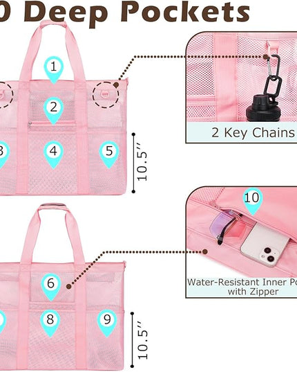 Mesh Beach Bag, Large Beach Tote with Zipper Pocket, Toys Pool Bag for Family Travel Vacation Cruise Essentials