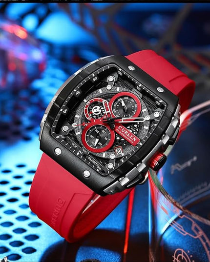 PASOY Luxury Chronograph Watches for Mens Rubber Strap Black Waterproof Date Analog Quartz Watch