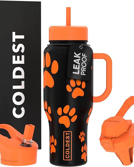 Coldest Tumbler with Handle and Straw, 100% Leak Proof Insulated Tumbler with Lid and Straw (3 Lids), Stainless Steel Tumblers for Women & Men, Cup Holder Friendly Base, 36 oz (Pumkin Paws)