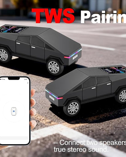 Futuristic Truck Model Bluetooth Replica Speaker with LED Display Screen – Considerate Gift for Car Design Fans & Audio Users, TWS Stereo, FM, USB/TF Playback, LED Headlights, Built-in Mic (Black)