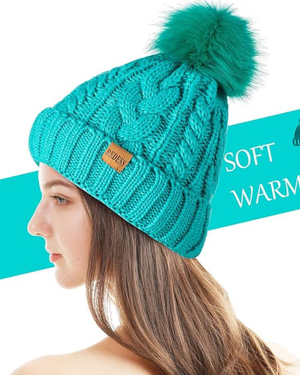 REDESS Women Winter Pompom Beanie Hat with Warm Fleece Lined, Thick Slouchy Snow Knit Skull Ski Cap