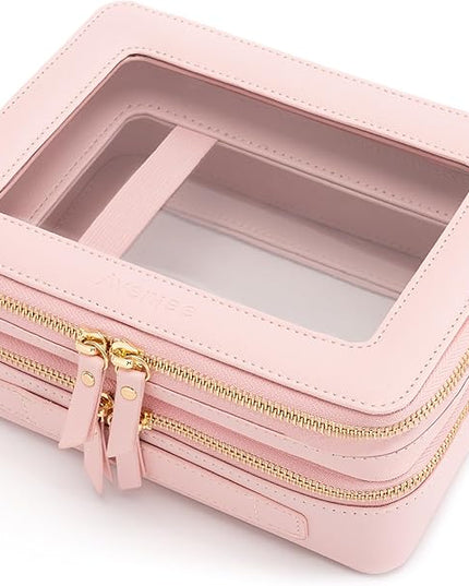 Aveniee XL Clear Makeup Organizer,Double Layer Travel Cosmetic Case with Brush Holder & Zippered Compartments, Large Toiletry Bag Train Case for Women.2 Layers, Pink