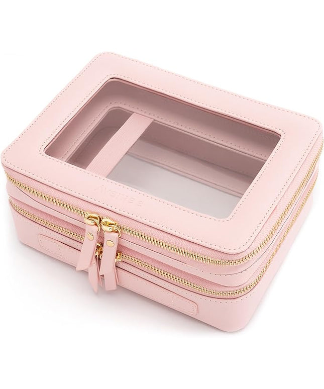 Aveniee XL Clear Makeup Organizer,Double Layer Travel Cosmetic Case with Brush Holder & Zippered Compartments, Large Toiletry Bag Train Case for Women.2 Layers, Pink