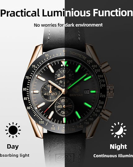 BY BENYAR Watch for Men Analog Quartz Chronograph Waterproof Luminous Designer Mens Wrist Watches Business Work Sport Casual Dress Watch with Silicone Strap Elegant Gifts for Men
