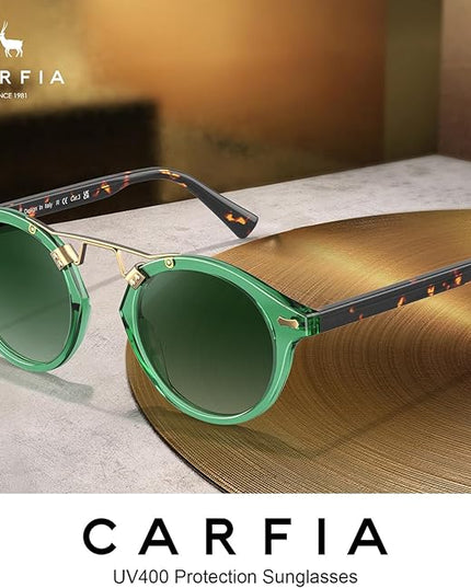 CARFIA Small Face Acetate Polarized Sunglasses for Women UV Protection, Retro Double Bridge Eyewears Metal Brow Round Sunnies