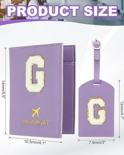 PATIKIL Passport Holder for Travel, Initial Passport Cover and Luggage Tag Set with Alphabet Chenille Letter Patch Travel Wallet Bag Suitcase Identifier for Women Family Travel Purple G
