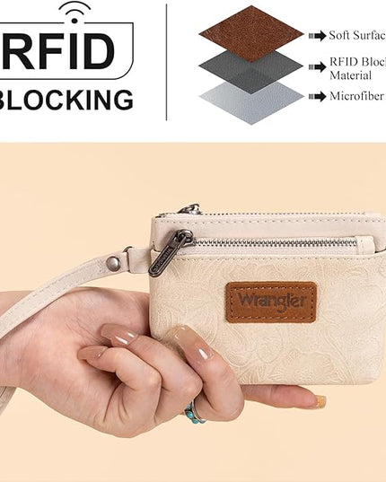 Montana West Wrangler Coin Purse for Women RFID-blocking Floral Embossed Change Pouch Wristlet Wallet Lightweight Portable Wallets White