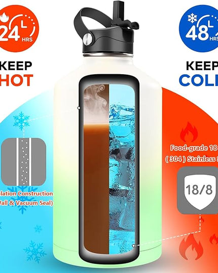 Water Bottle Insulated 32oz 40oz 64oz 128oz Straw Lid Spout Lid & 3 Lids, Leak Proof, Vacuum Insulated,Stainless Steel Water Bottle Wide Mouth for Sports, Gym or Office