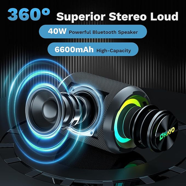 OHAYO 40W Wireless Portable Bluetooth Speaker with Lights, IPX7 Waterproof, Loud Sound, RGB Lights,TWS Pairing, AUX&TF-Card in, for Home/Party/Travel/Outdoor/Beach