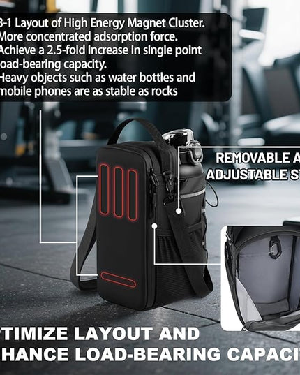 Magnetic Gym Bag, Upgraded Super Strong Magnetic Gym Water Bottle Bag with Phone Pocket & Shoulder Strap｜ Sports Water Bottle Holder, small Fitness Pouch, Crossbody Bag for Men & Women, Gym Accessory