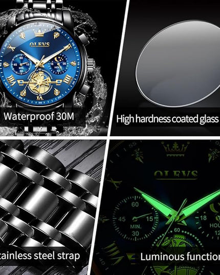 OLEVS Mens Watches Chronograph Watch Luxury Dress Stainless Steel Waterproof Watches for Men Moon Phase Luminous Business Calendar Wrist Watch Blue/Black/Green/Gold/Face