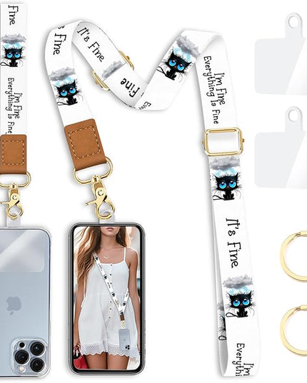 Phone Lanyard Crossbody with Wrist Strap, Black Cat Cell Phone Lanyards for around the Neck Wristlet Adjustable Strap Funny Cute for Keys Case ID Badges Accessories