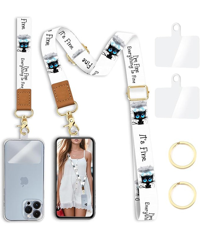 Phone Lanyard Crossbody with Wrist Strap, Black Cat Cell Phone Lanyards for around the Neck Wristlet Adjustable Strap Funny Cute for Keys Case ID Badges Accessories