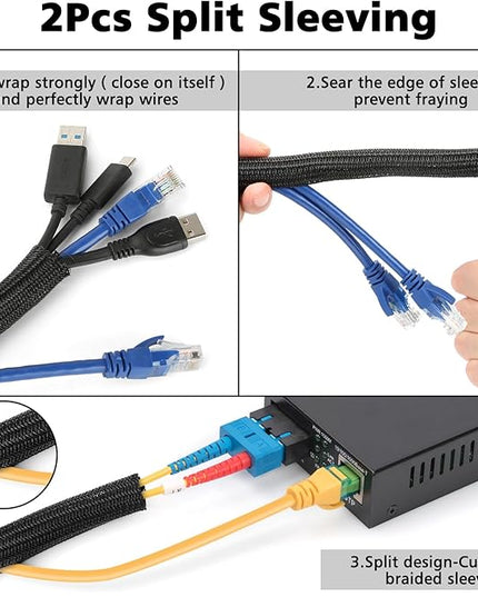 Cable Management Organizer Kit 2 Cable Sleeve Split with 41Self Adhesive Cable Clips Holder, 10pcs and 2 Roll Self Adhesive tie and 100 Fastening Cable Ties for TV Office Home Electronics etc