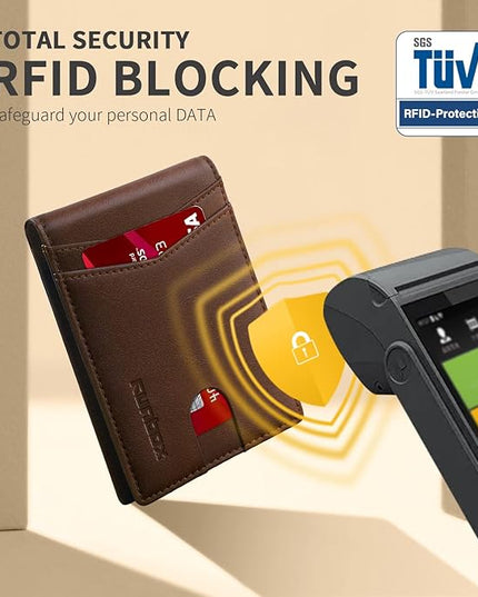RUNBOX Wallet for Men Slim Leather Bifold RFID Blocking Minimalist Front Pocket Design with Gift Box