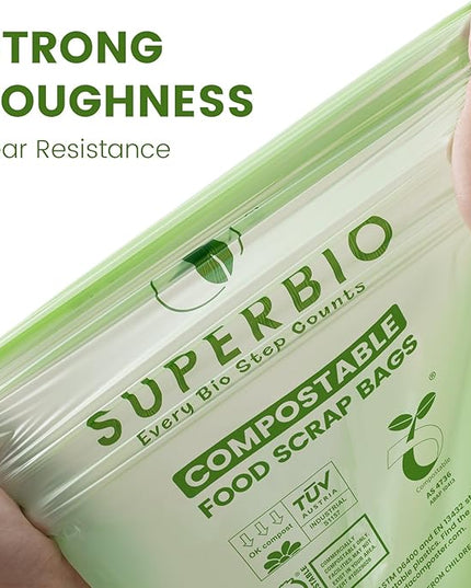 SUPERBIO 2.6 Gallon Compostable Food Waste Bags, 100 Count, 1 Pack, Flat Top Food Scrap Bags， ASTM D6400，Certified by BPI and OK compost INDUSTRIAL,9.84L