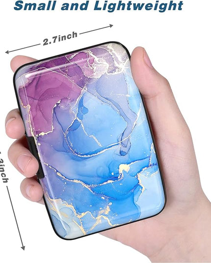 Atufsuat Credit Card Holder, Mini Aluminum Card Wallet RFID Blocking Slim Metal Hard Card Case for Women Men, Blue Purple Marble
