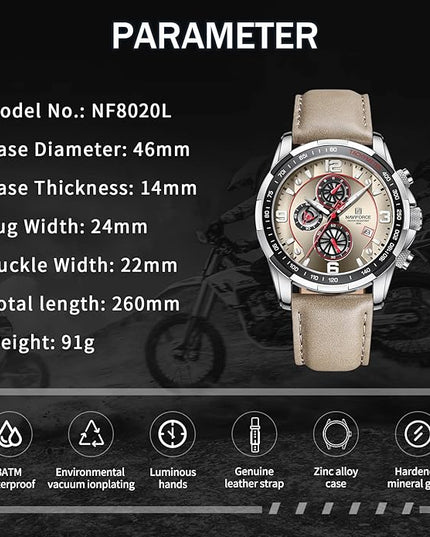 NAVIFORCE Sport Watches for Men Analog Quartz Chronograph Leather Strap Wrist Watch