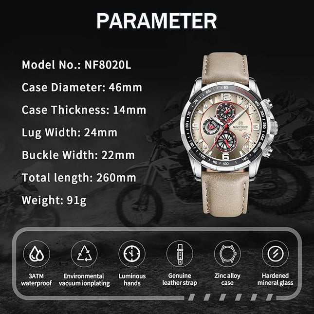 NAVIFORCE Sport Watches for Men Analog Quartz Chronograph Leather Strap Wrist Watch