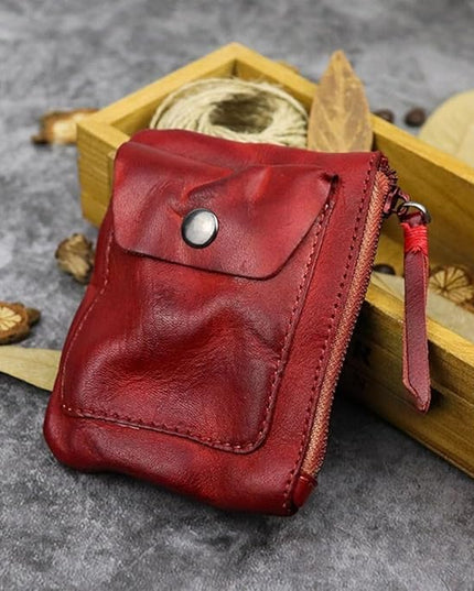 ZYLOXAR Genuine Leather Coin Pouch with Zipper Snap Closure Crazy Horse Wallet for Women (Red)