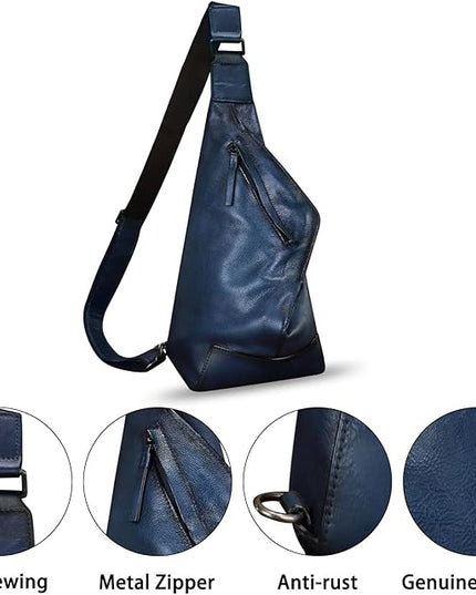 Genuine Leather Sling Bag for Men and Women Vintage Full Grain Leather Sling Purse Chest Daypack Over Shoulder Crossbody Bag (Navy)
